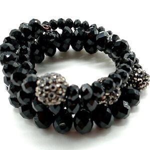 Vintage Black Faceted Glass Beads & Crystal Ball Memory Wire Wrap Bracelet